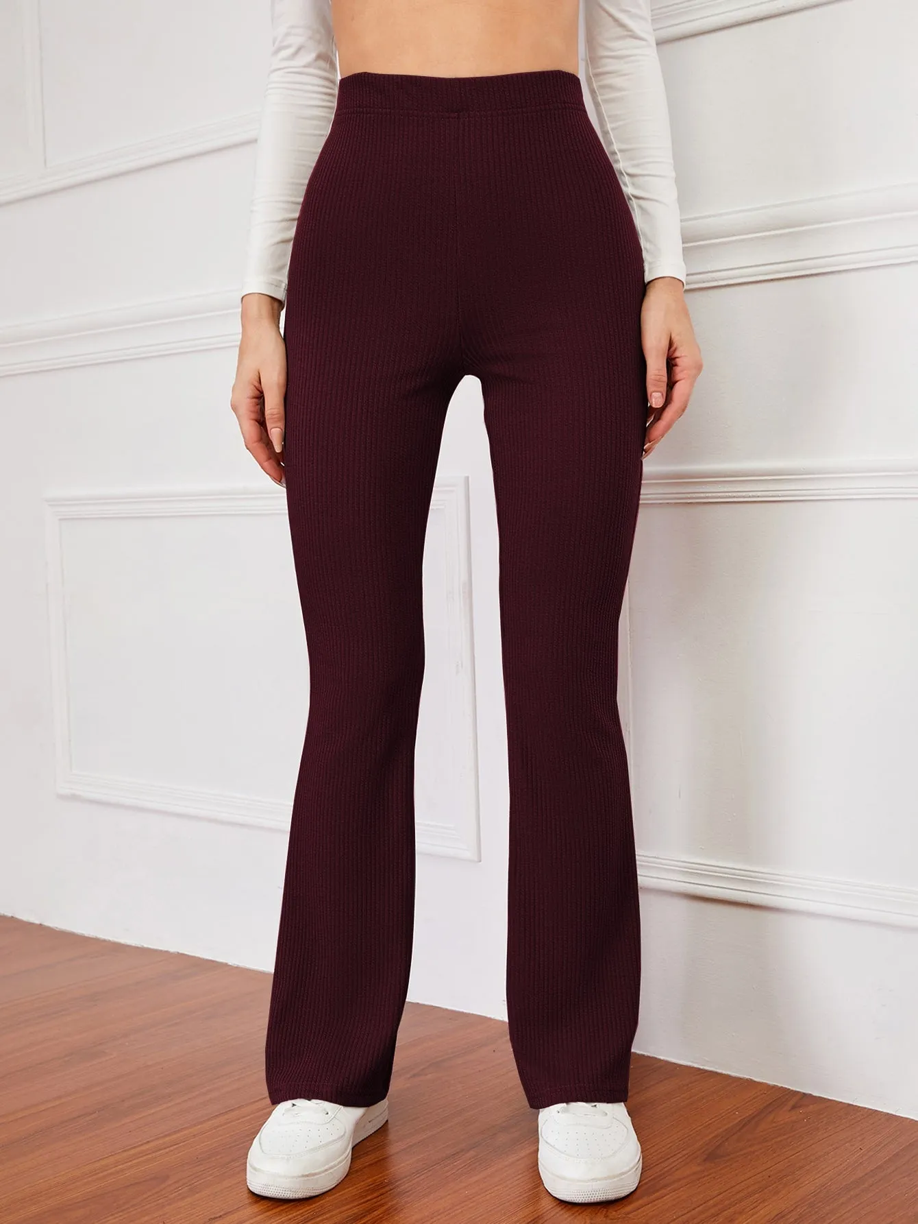 High Waist Ribbed Knit Flare Leg Pants