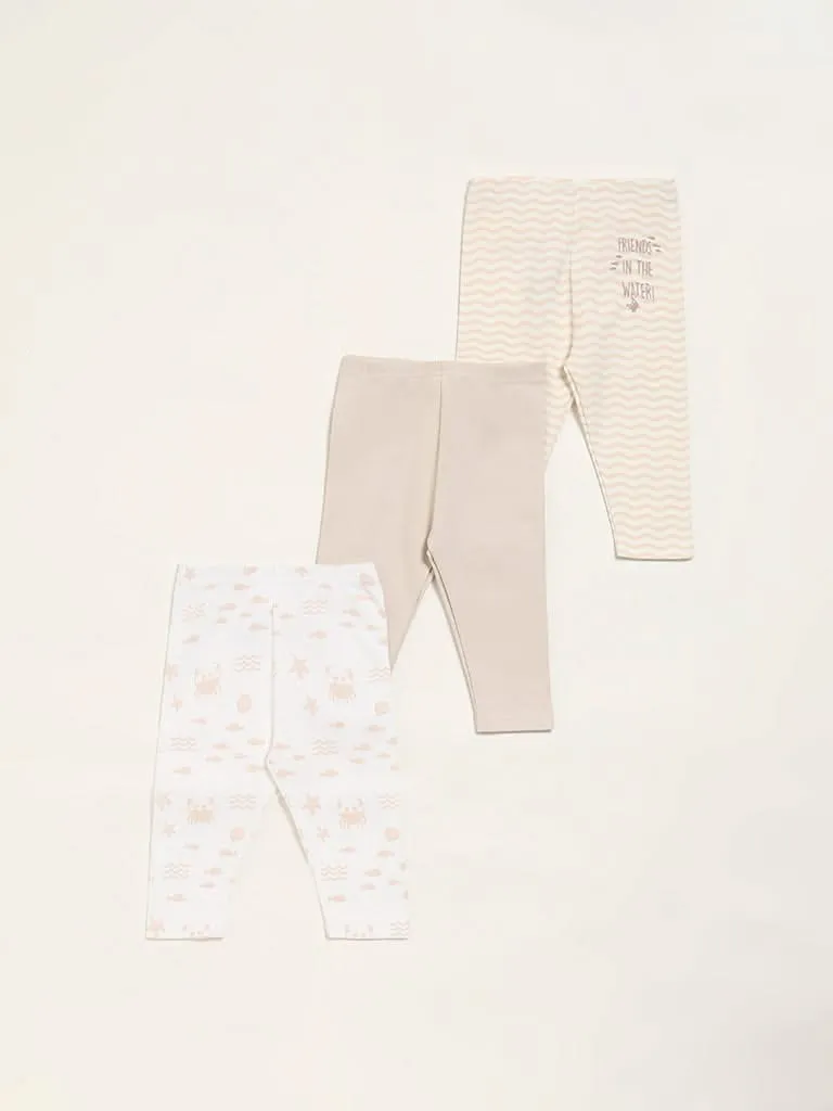 HOP Baby Beige Printed Pants - Pack of 3