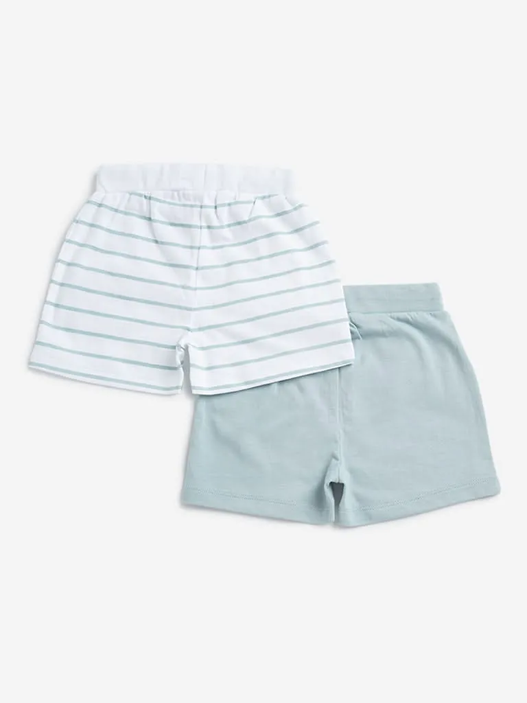 HOP Baby Teal & White Striped & Printed Mid Rise Shorts - Pack of 2