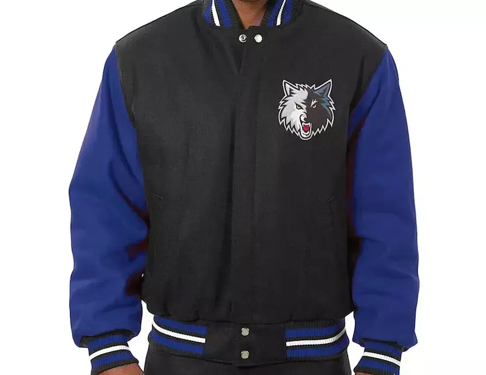 Letterman Minnesota Timberwolves Black and Royal Blue-All Wool Varsity Jacket