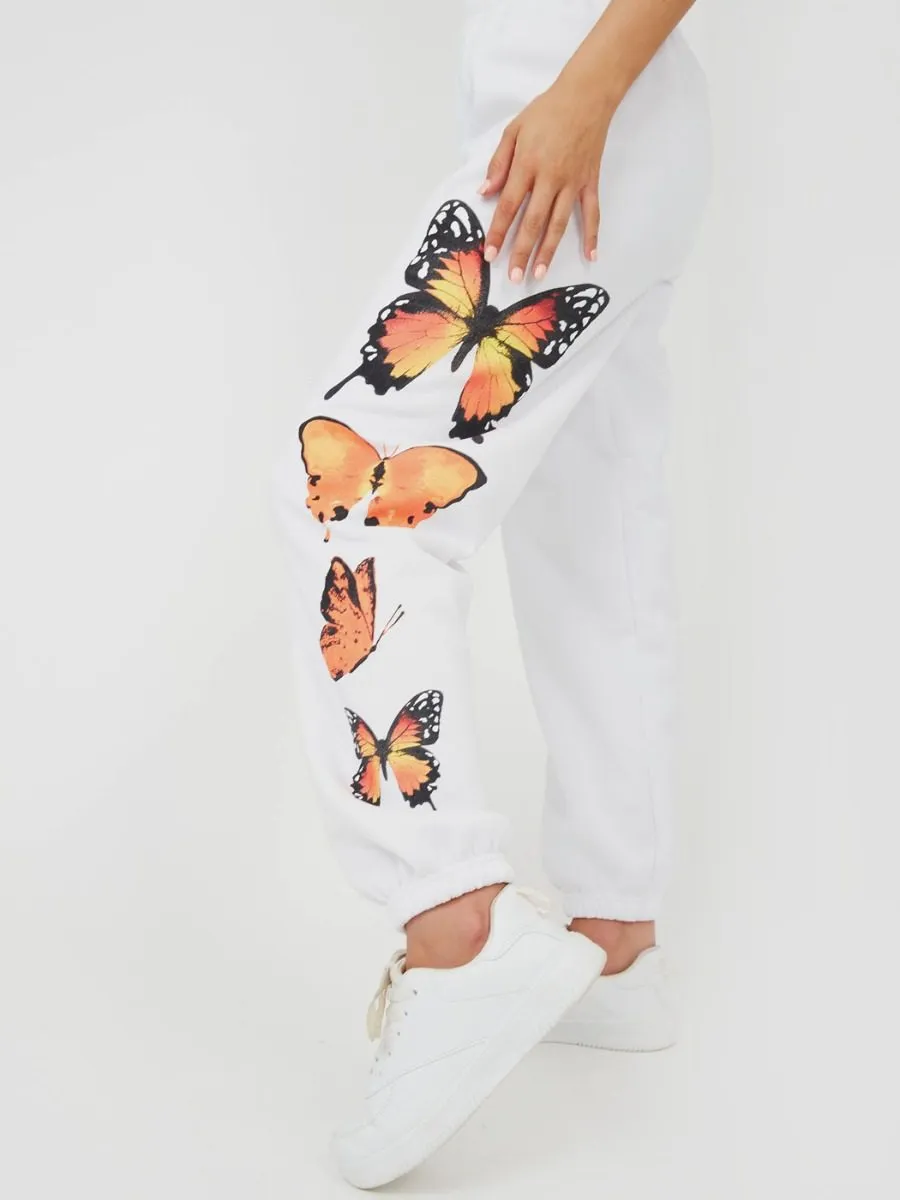 Machela Butterfly Graphic Oversized Fleece Joggers In White