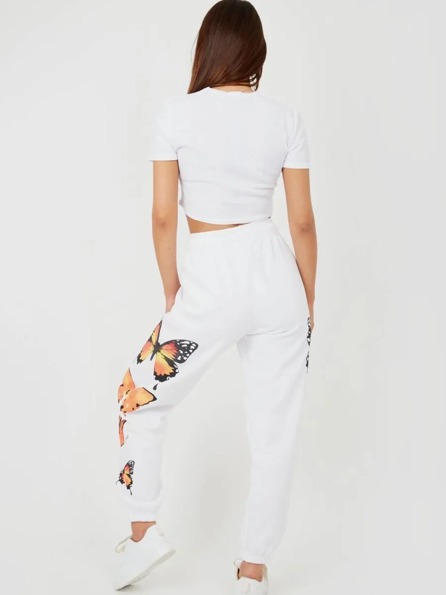 Machela Butterfly Graphic Oversized Fleece Joggers In White