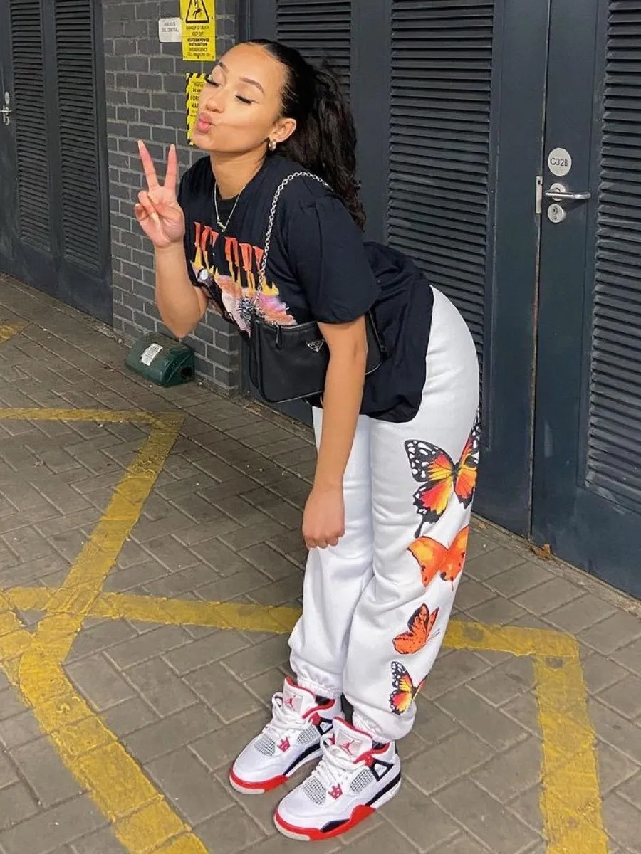 Machela Butterfly Graphic Oversized Fleece Joggers In White