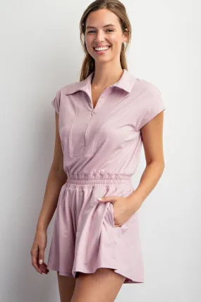 Mauve Peony Butter Short Sleeve Quarter Zip Romper