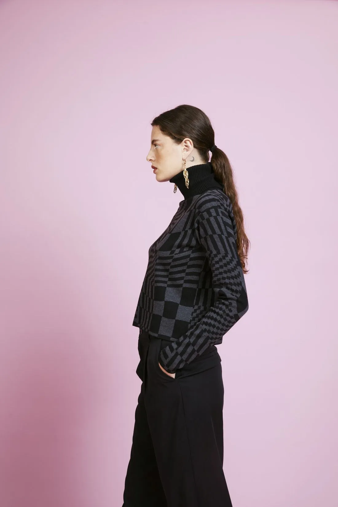 Melissa 0 Wool Geometric Pattern Turtleneck Black Sweater