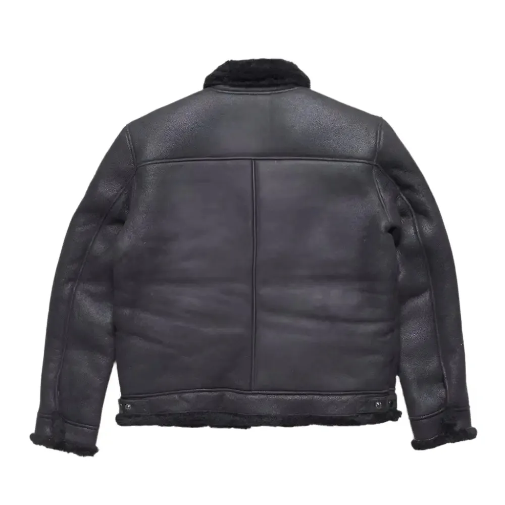 Men's Black Shearling Sheepskin Leather Bomber Jacket - Warm & Stylish