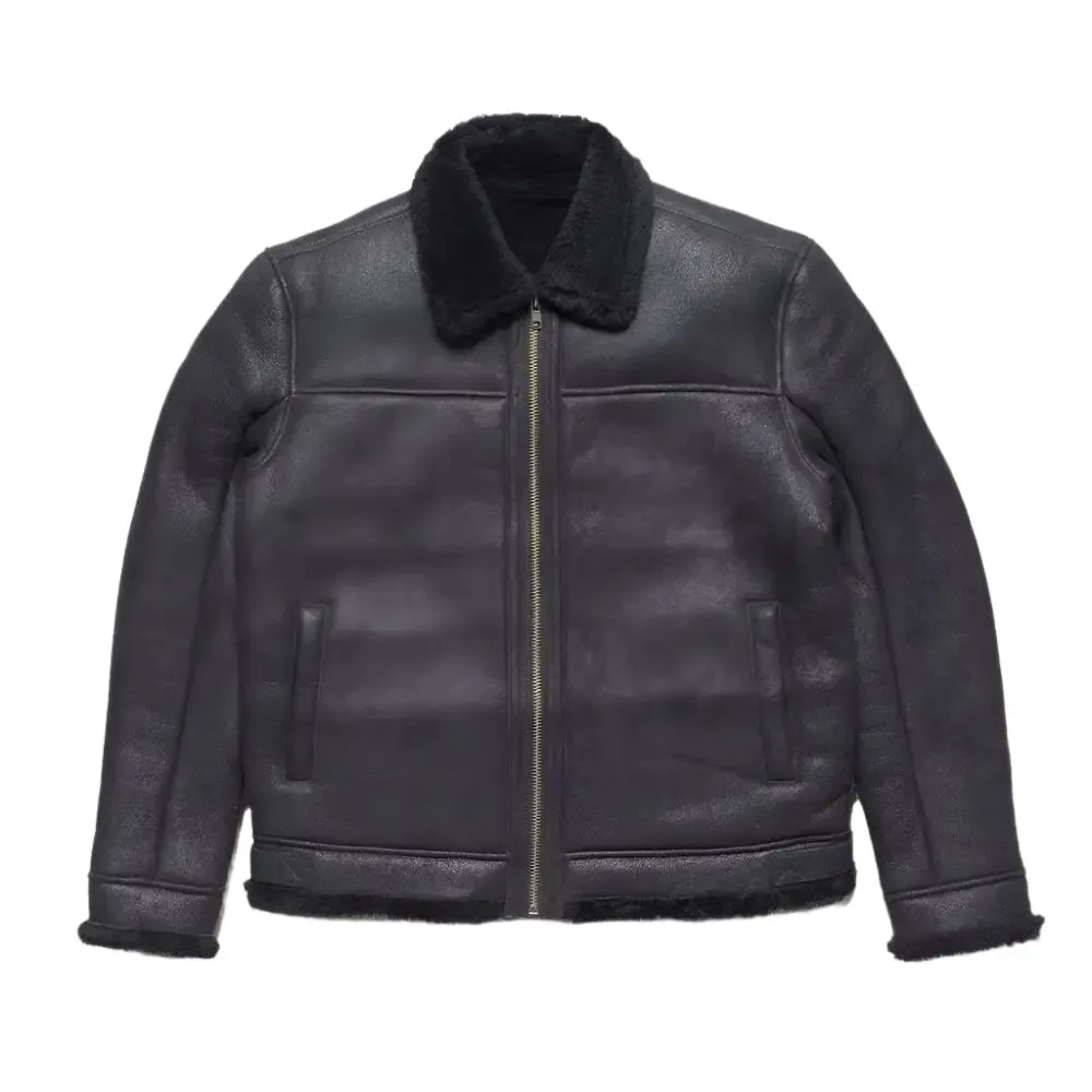 Men's Black Shearling Sheepskin Leather Bomber Jacket - Warm & Stylish
