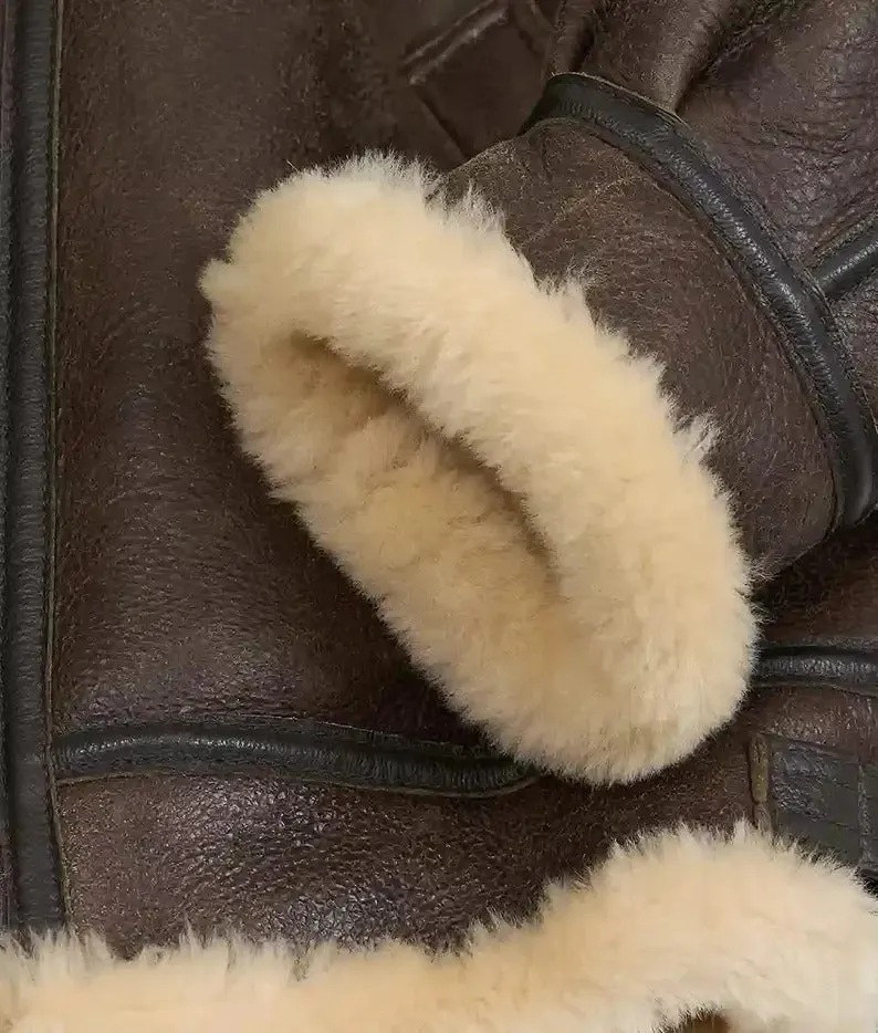 Men's Brown Shearling Fur Leather Jacket, B3 Bomber RAF Style Jacket, Real Sheepskin Leather Jacket, Aviator Leather Jacket, Gift For Him