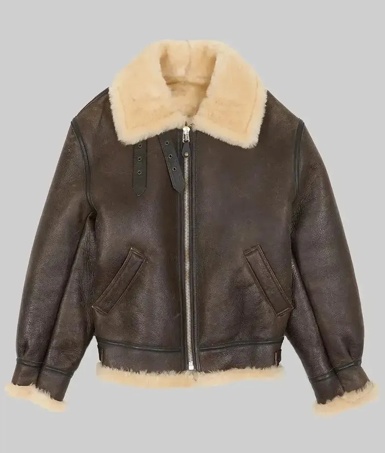 Men's Brown Shearling Fur Leather Jacket, B3 Bomber RAF Style Jacket, Real Sheepskin Leather Jacket, Aviator Leather Jacket, Gift For Him