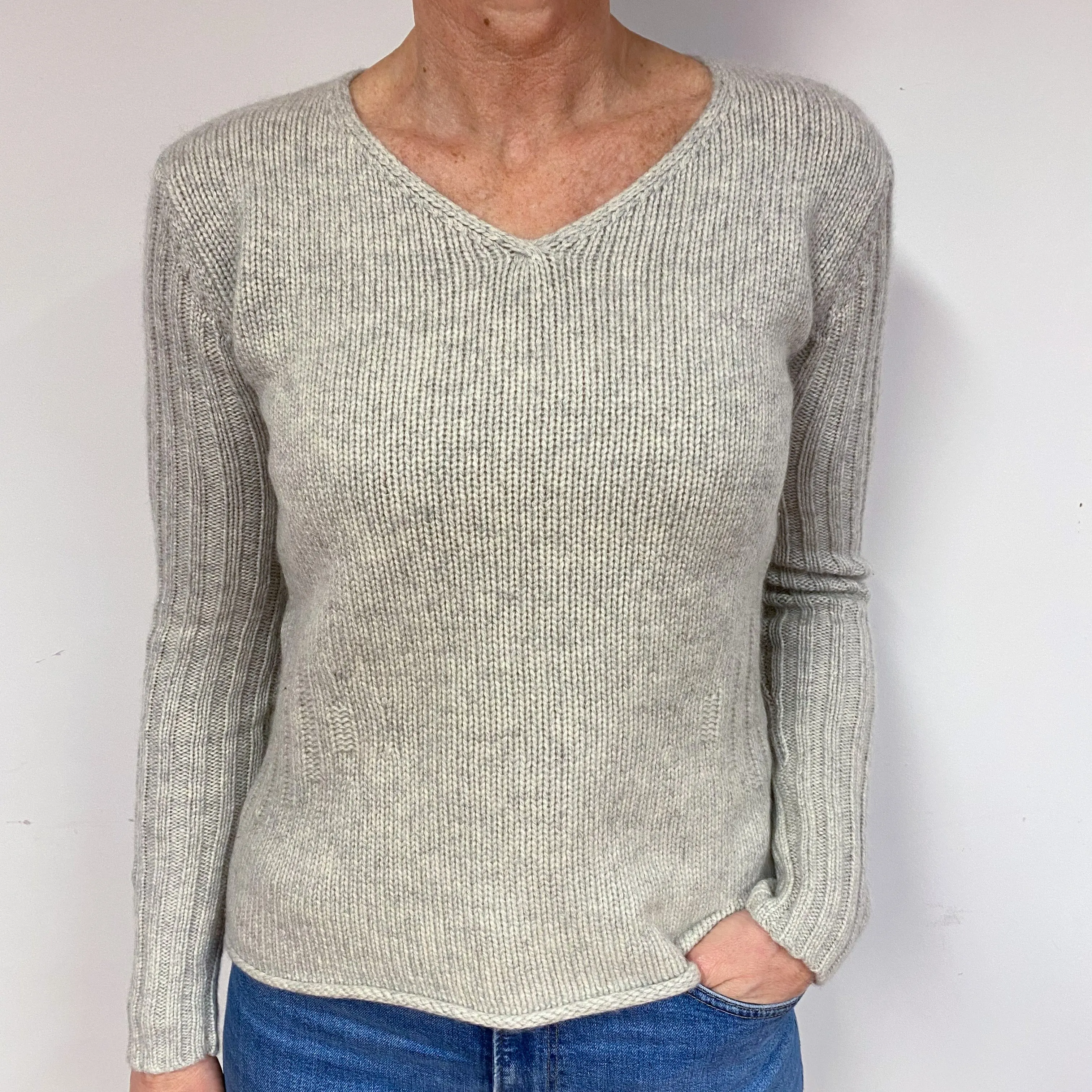 Mist Grey Chunky Cashmere V-Neck Jumper Medium