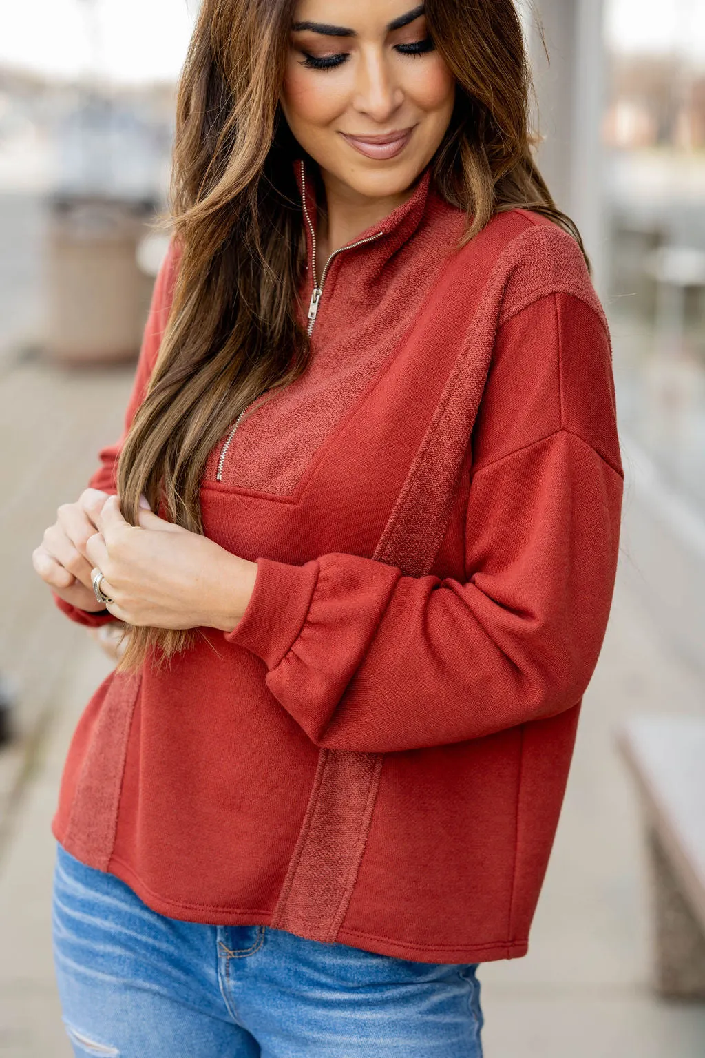 Mixed Material Quarter Zip Sweatshirt