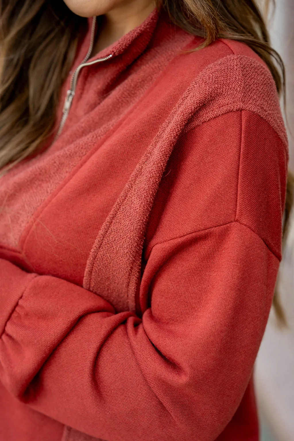 Mixed Material Quarter Zip Sweatshirt
