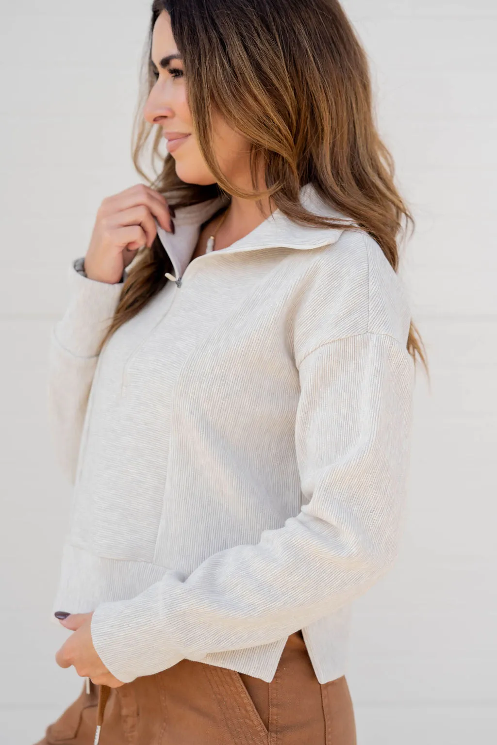 Mixed Ribs Quarter Zip Pullover
