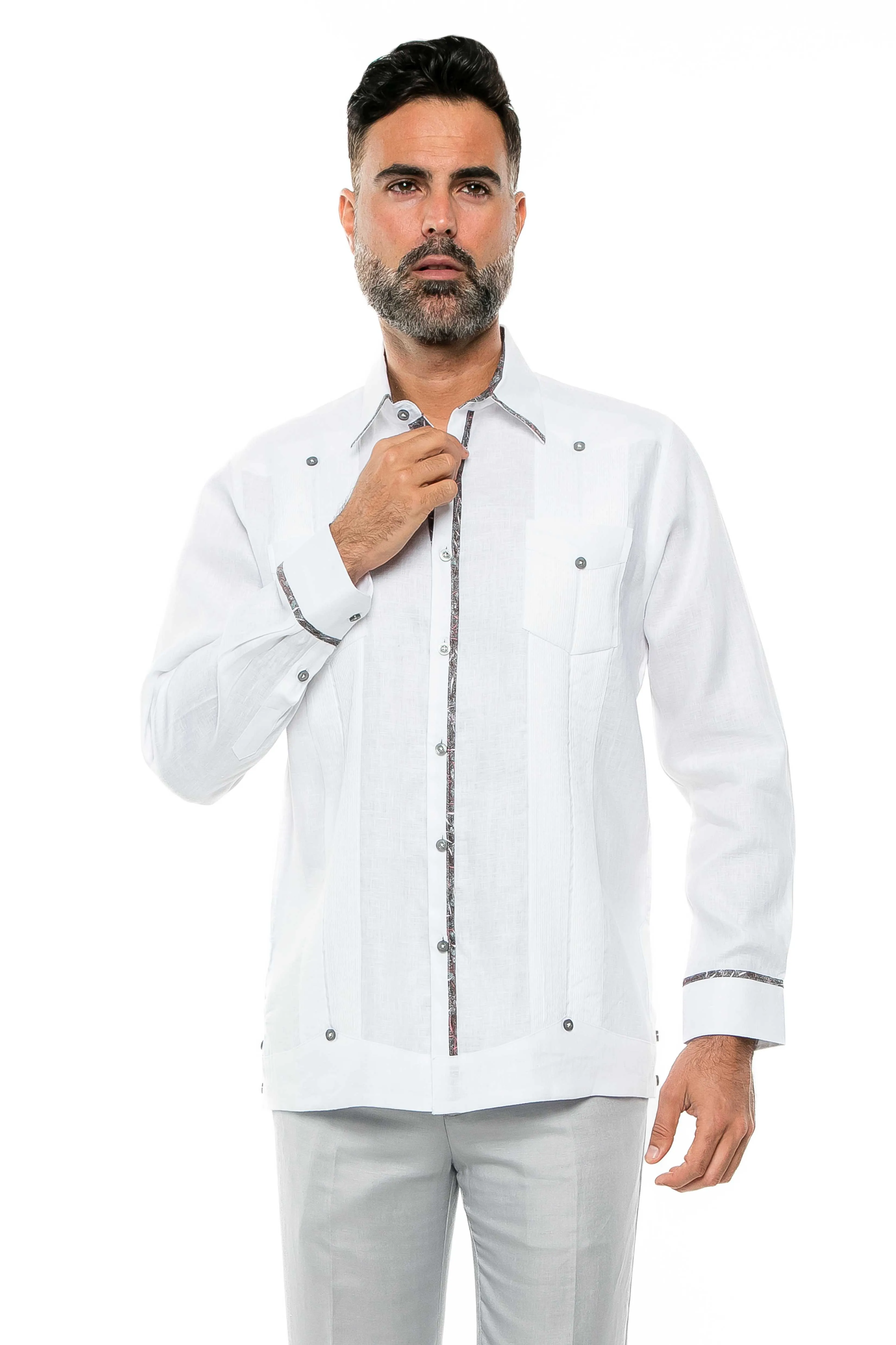 Mojito Men's 100% Linen Guayabera Shirt Long Sleeve Print Trim Accent