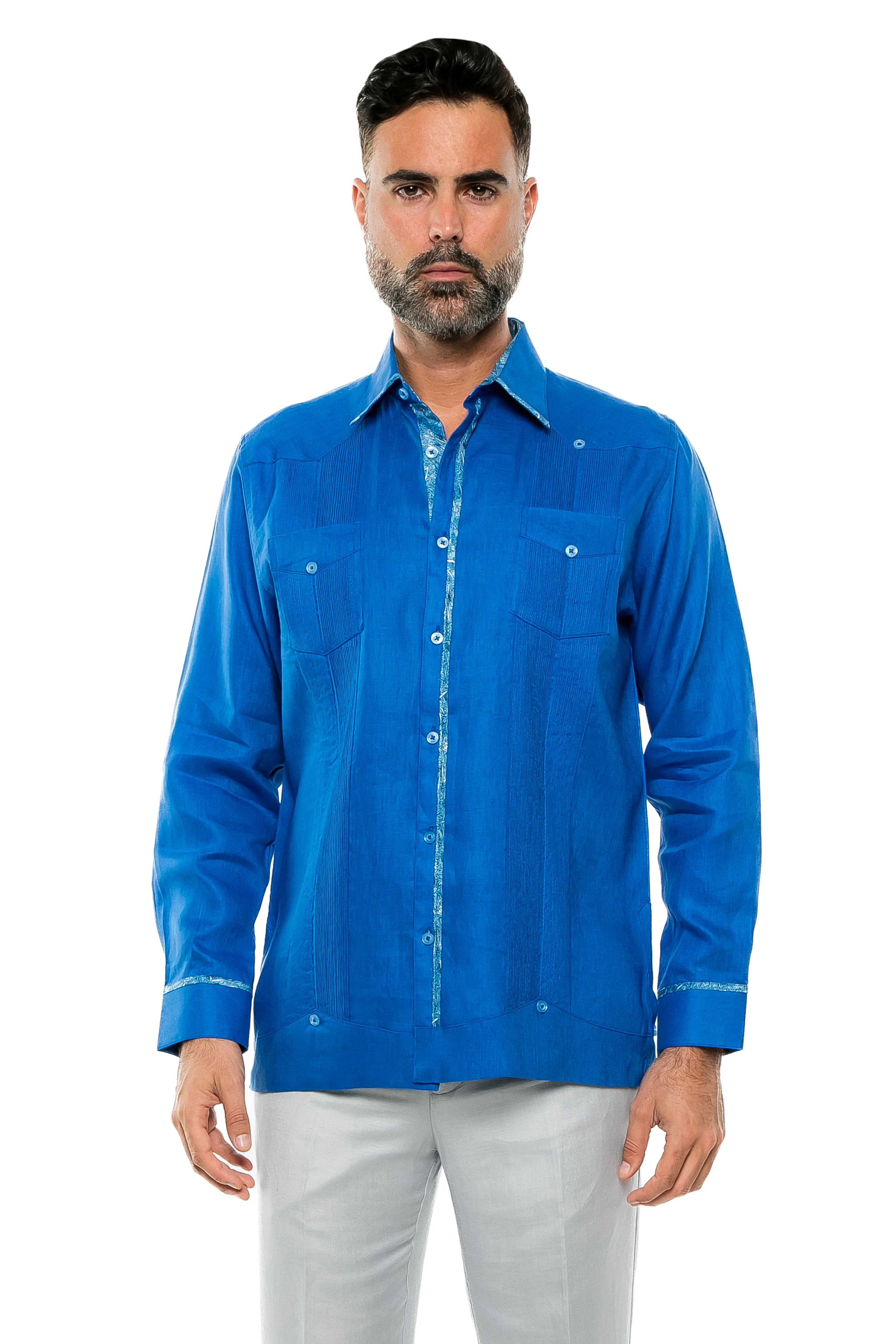 Mojito Men's 100% Linen Guayabera Shirt Long Sleeve Print Trim Accent