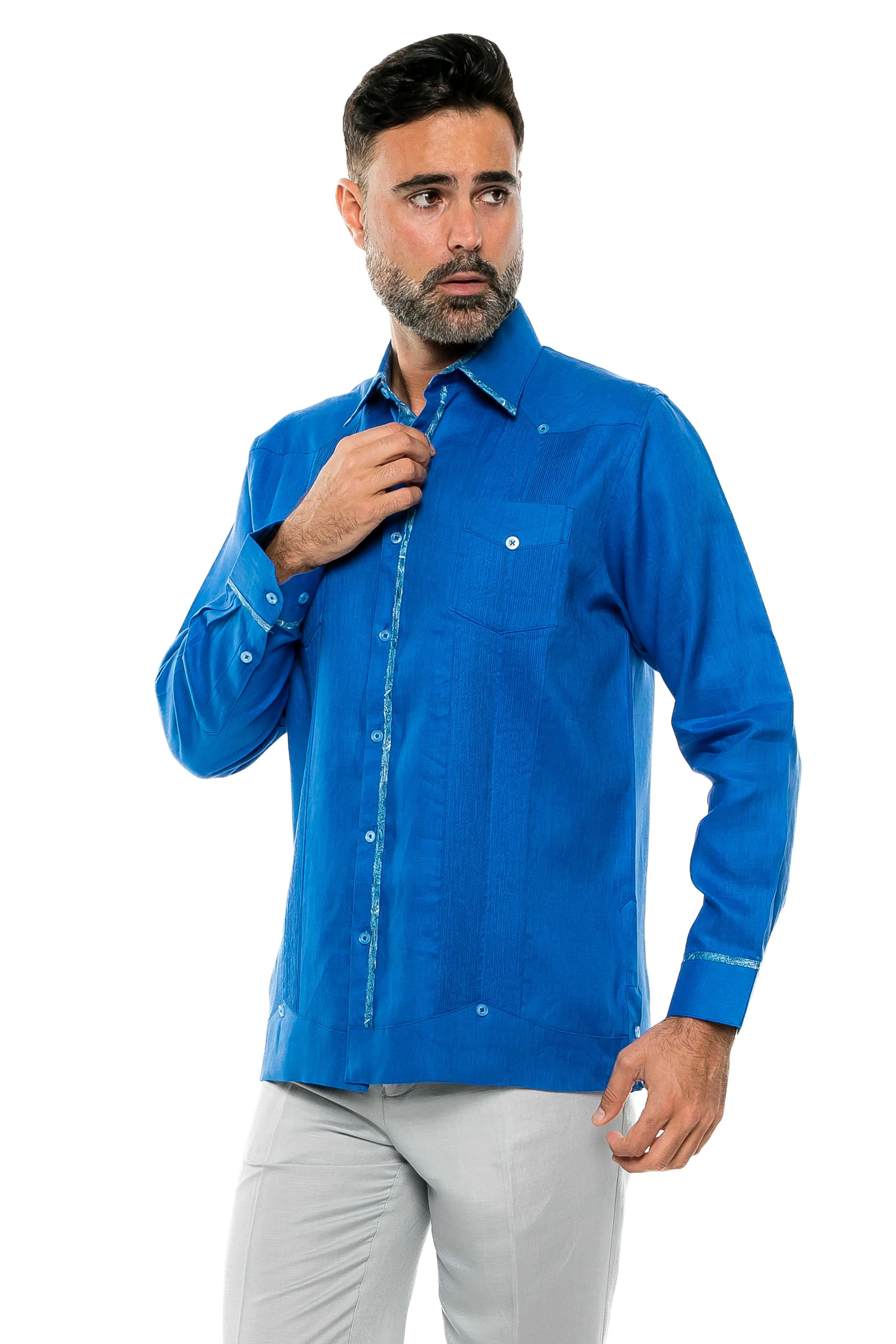Mojito Men's 100% Linen Guayabera Shirt Long Sleeve Print Trim Accent