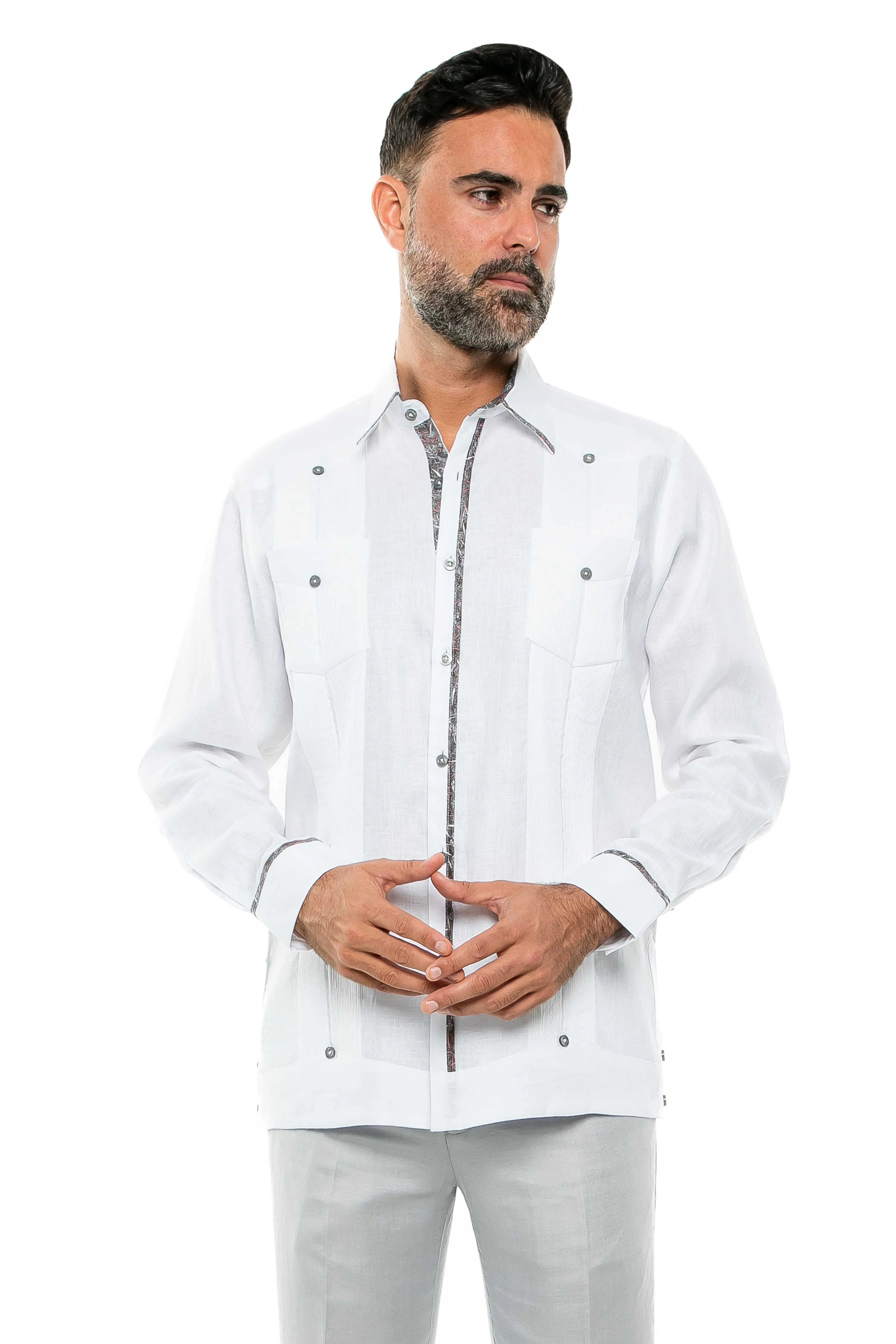 Mojito Men's 100% Linen Guayabera Shirt Long Sleeve Print Trim Accent
