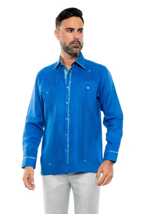 Mojito Men's 100% Linen Guayabera Shirt Long Sleeve Print Trim Accent