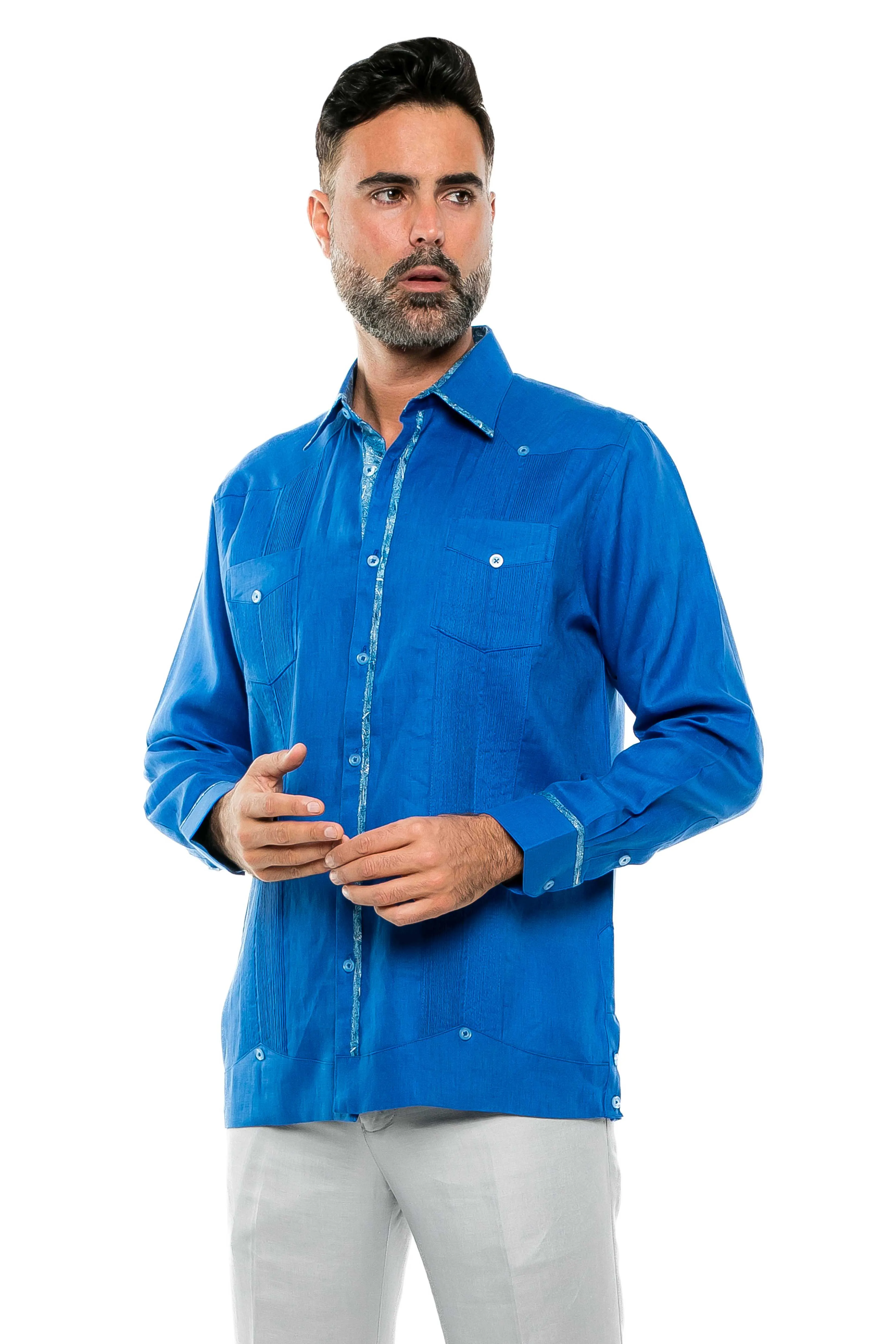 Mojito Men's 100% Linen Guayabera Shirt Long Sleeve Print Trim Accent