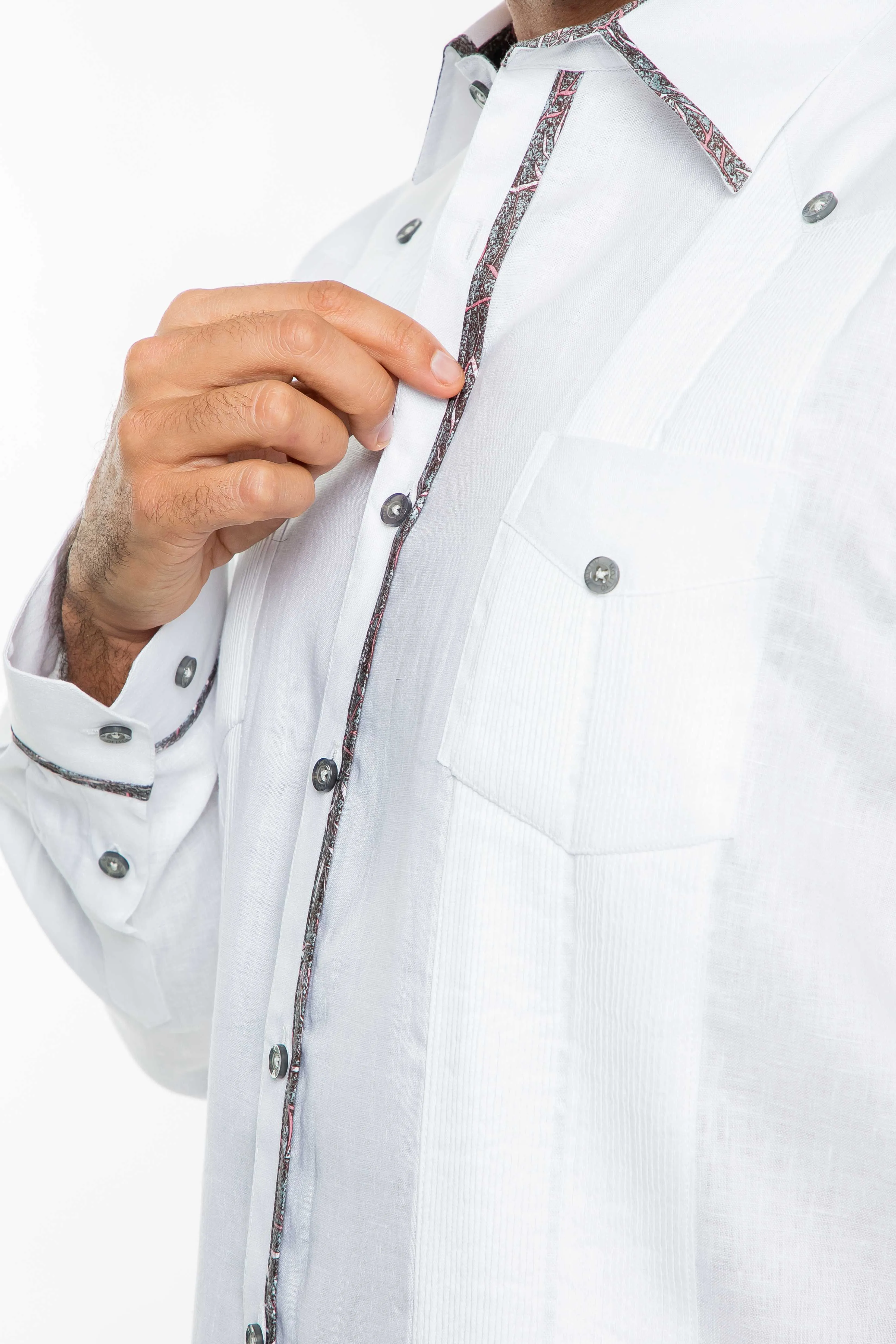 Mojito Men's 100% Linen Guayabera Shirt Long Sleeve Print Trim Accent