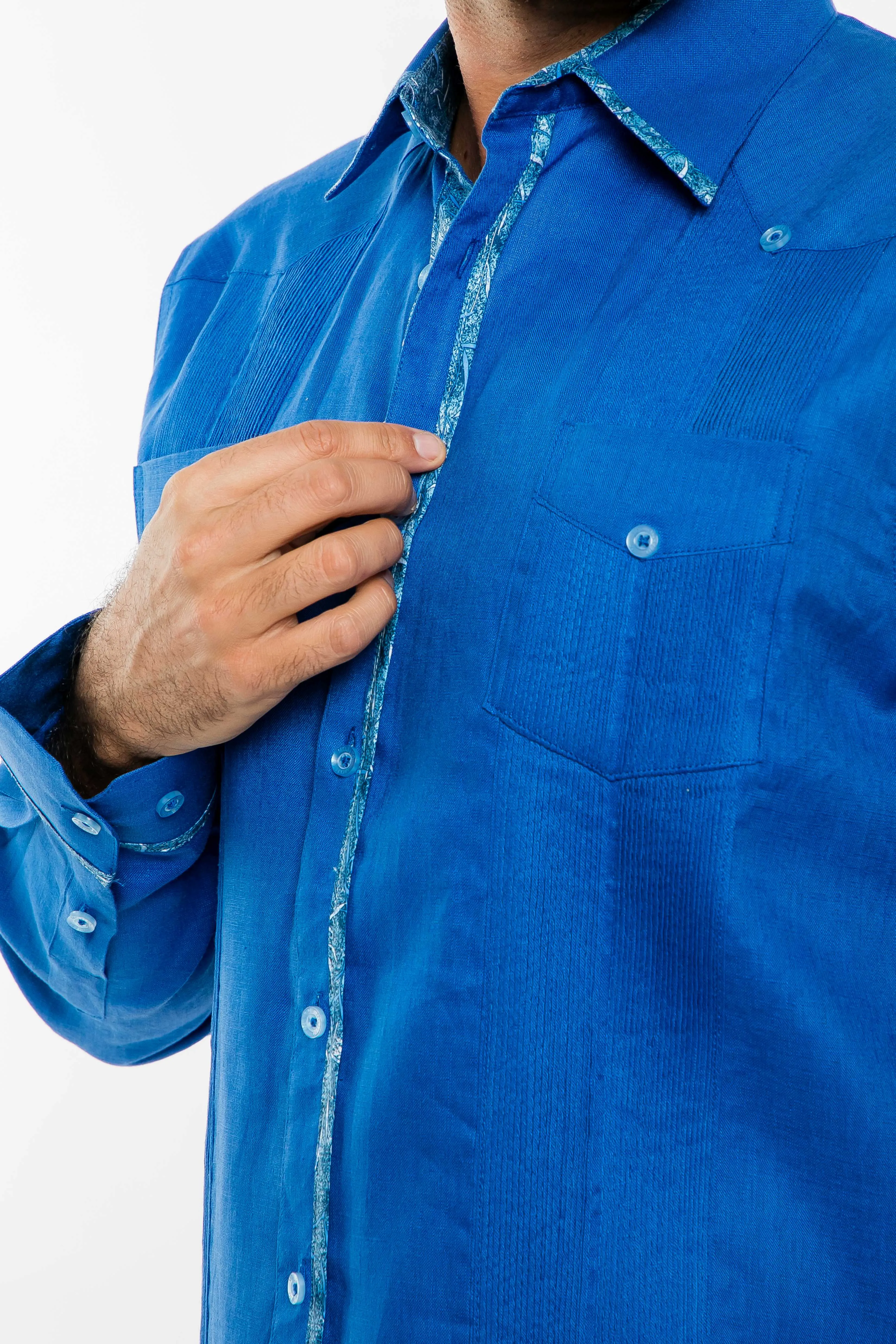 Mojito Men's 100% Linen Guayabera Shirt Long Sleeve Print Trim Accent