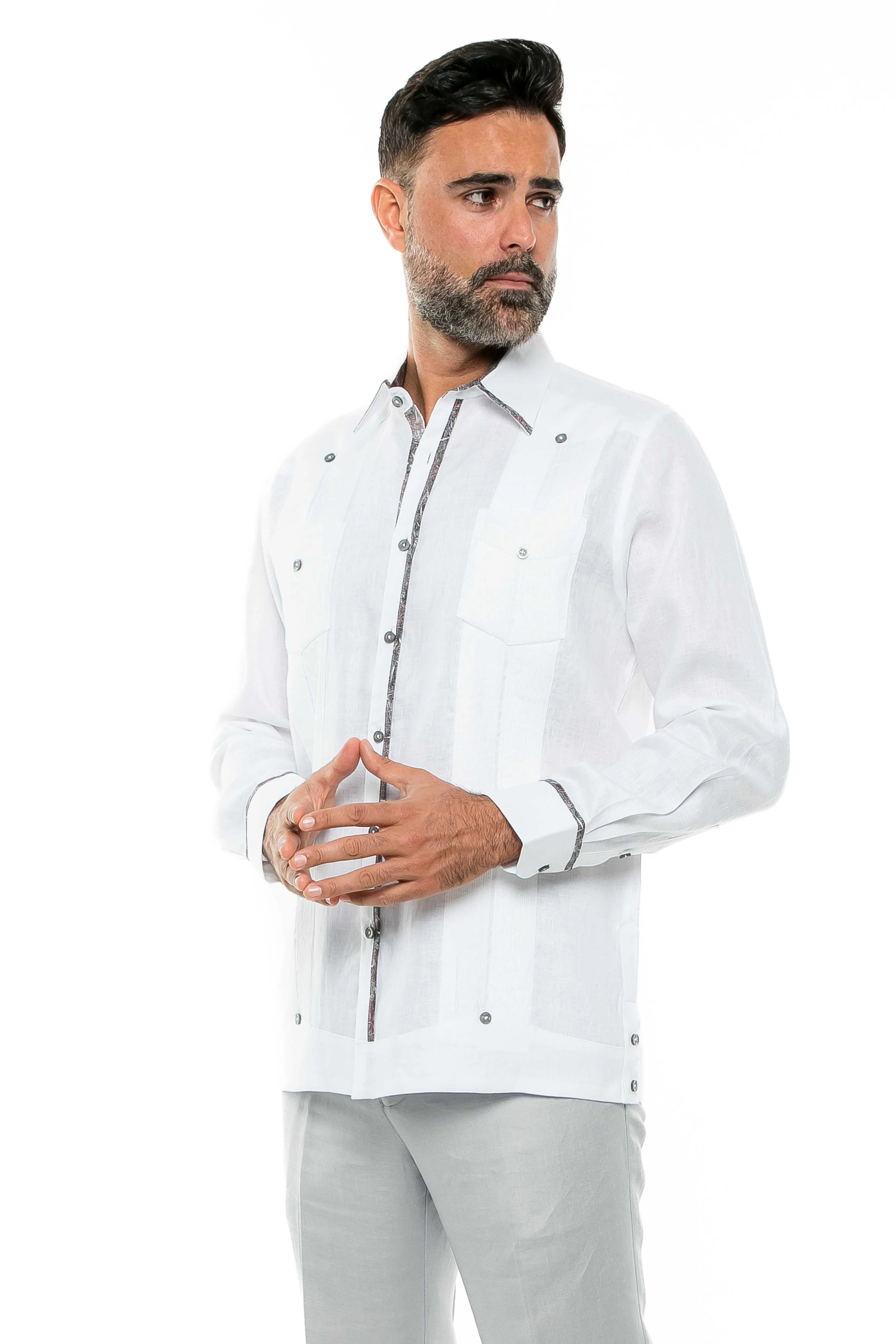 Mojito Men's 100% Linen Guayabera Shirt Long Sleeve Print Trim Accent