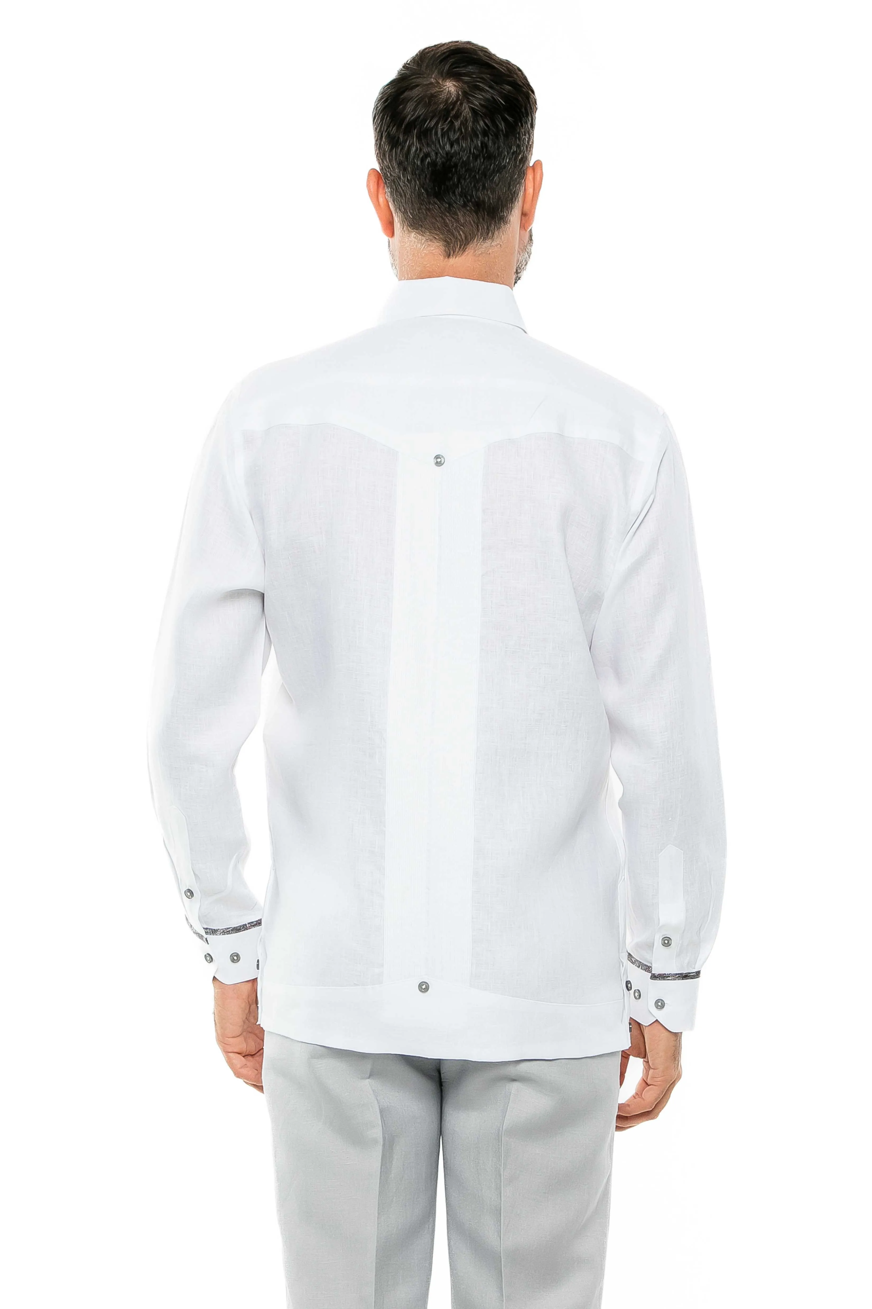 Mojito Men's 100% Linen Guayabera Shirt Long Sleeve Print Trim Accent
