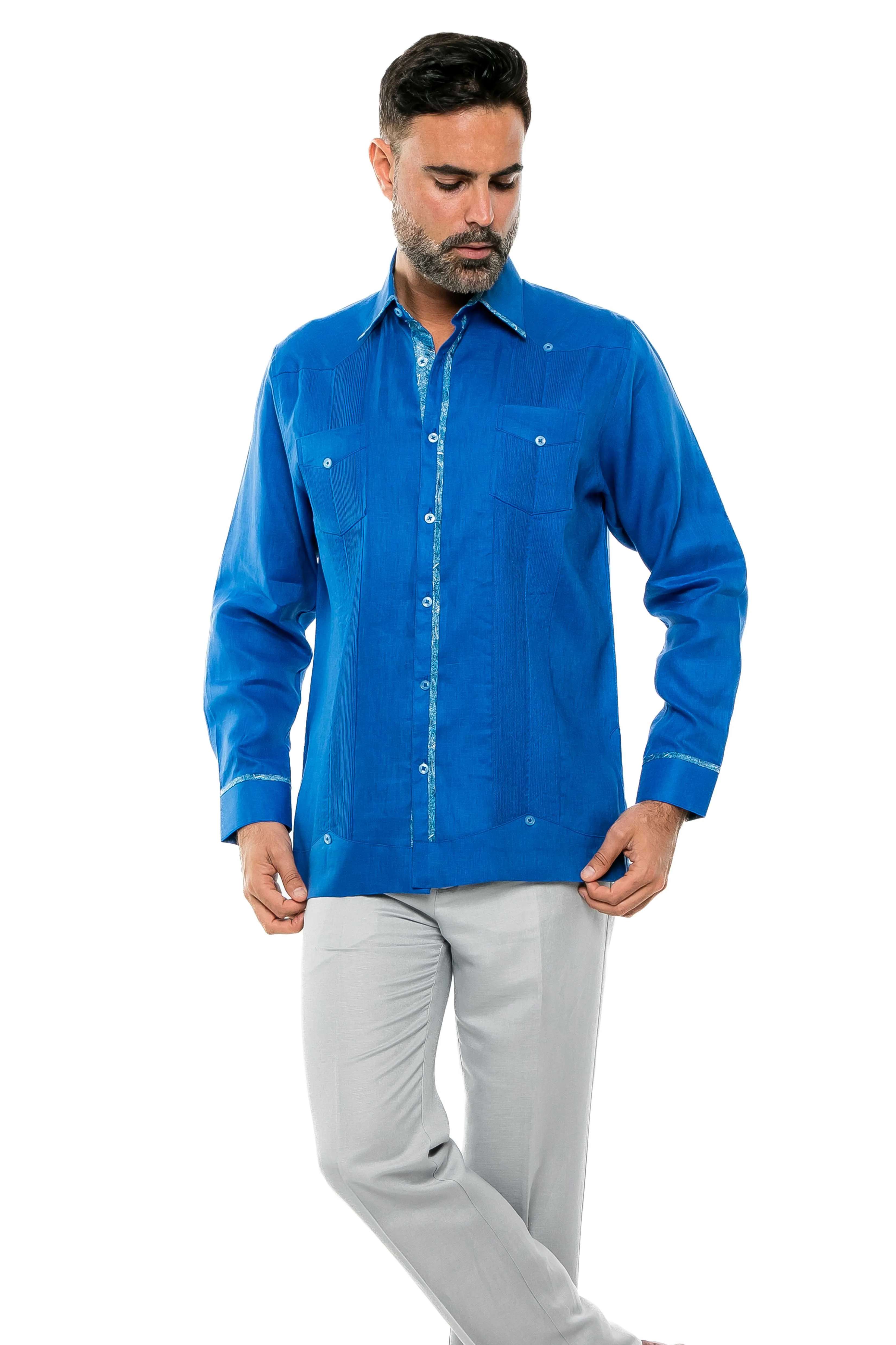 Mojito Men's 100% Linen Guayabera Shirt Long Sleeve Print Trim Accent