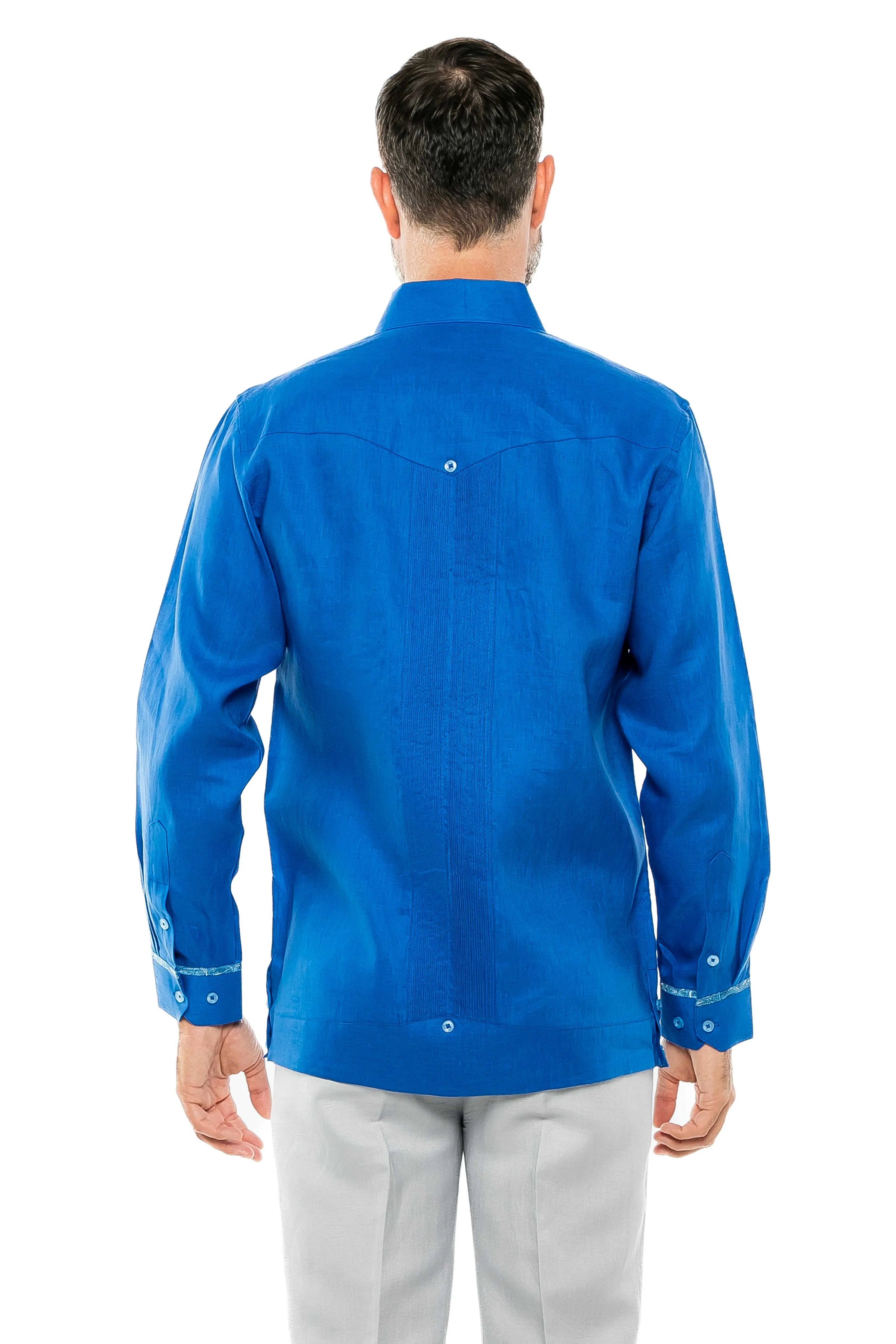 Mojito Men's 100% Linen Guayabera Shirt Long Sleeve Print Trim Accent