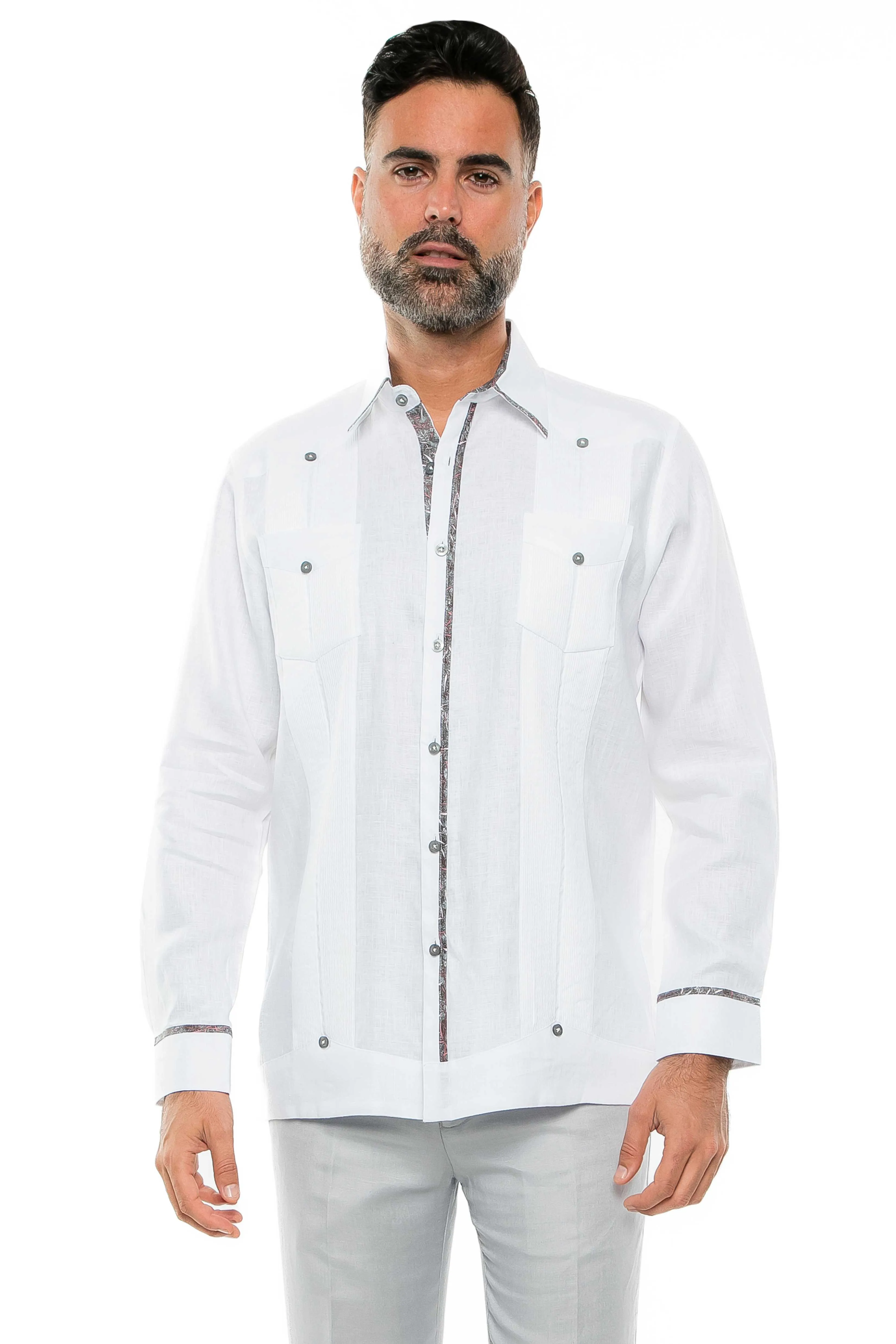 Mojito Men's 100% Linen Guayabera Shirt Long Sleeve Print Trim Accent