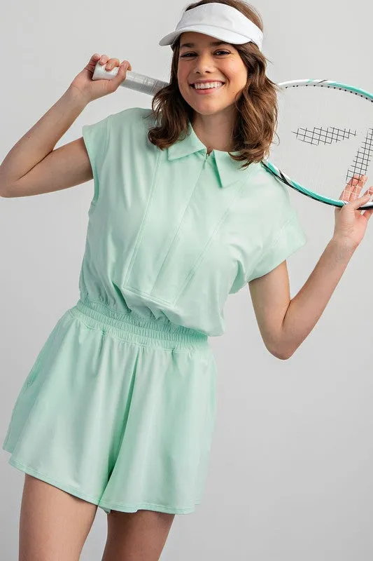 Morning Mint Peony Butter Short Sleeve Quarter Zip Romper