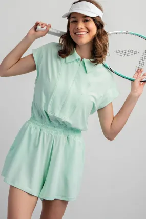 Morning Mint Peony Butter Short Sleeve Quarter Zip Romper