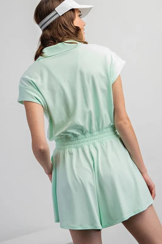 Morning Mint Peony Butter Short Sleeve Quarter Zip Romper