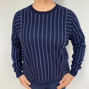 Navy White Stripe Cashmere Crew Neck Jumper Large