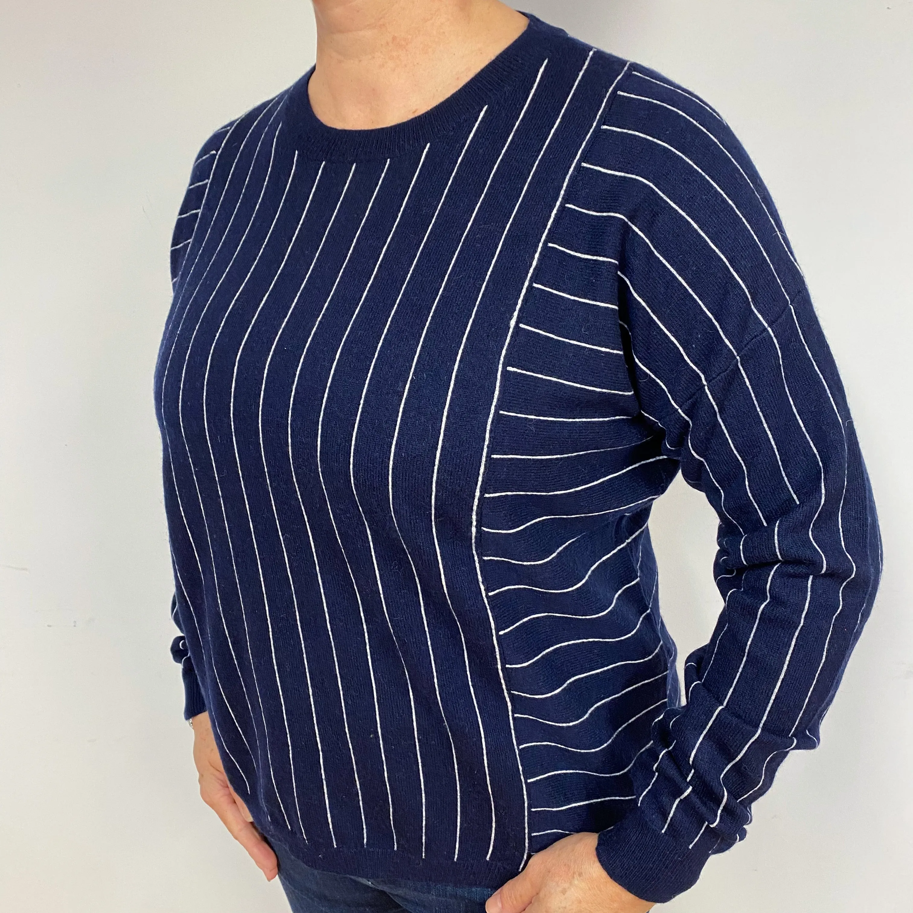 Navy White Stripe Cashmere Crew Neck Jumper Large