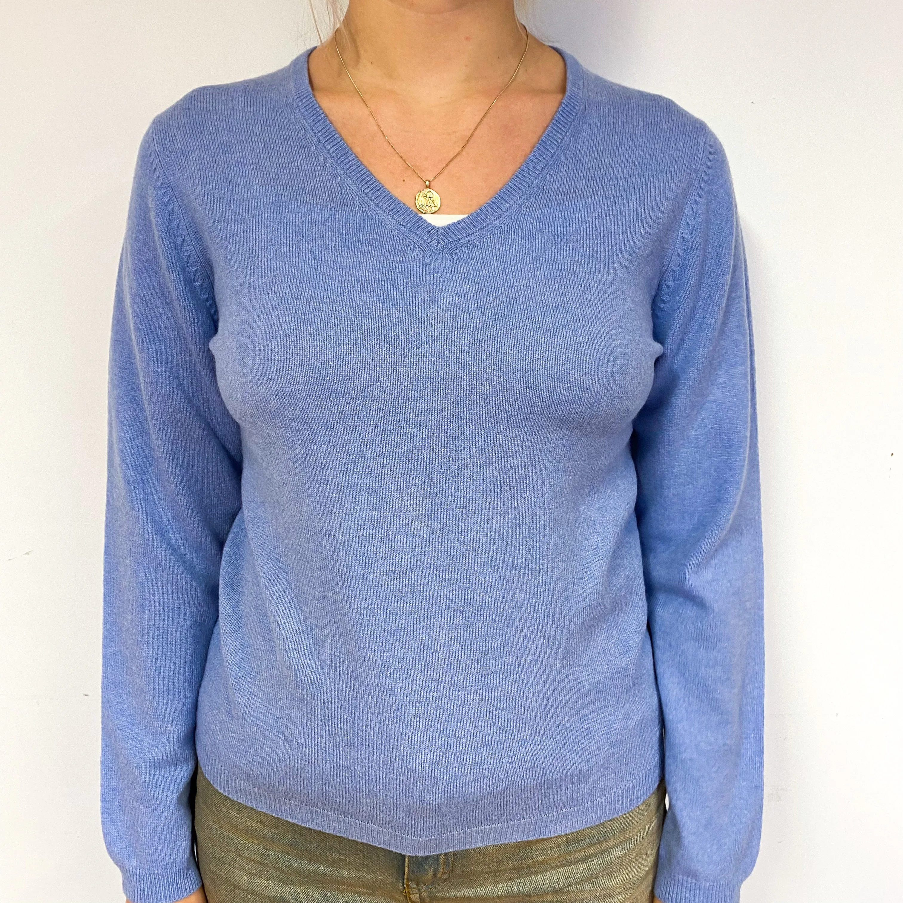 New Pale Purple Blue Cashmere V-Neck Jumper Small