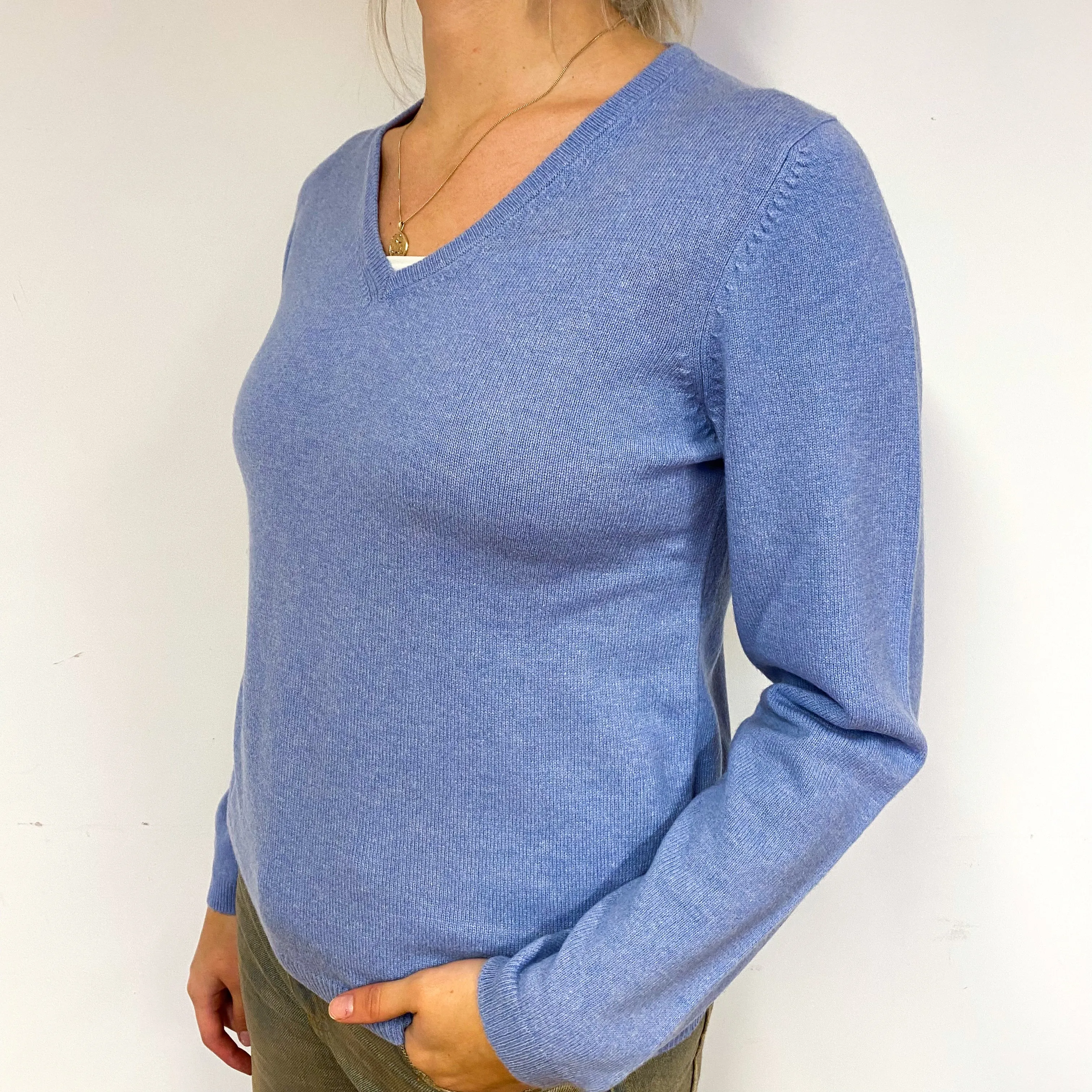 New Pale Purple Blue Cashmere V-Neck Jumper Small