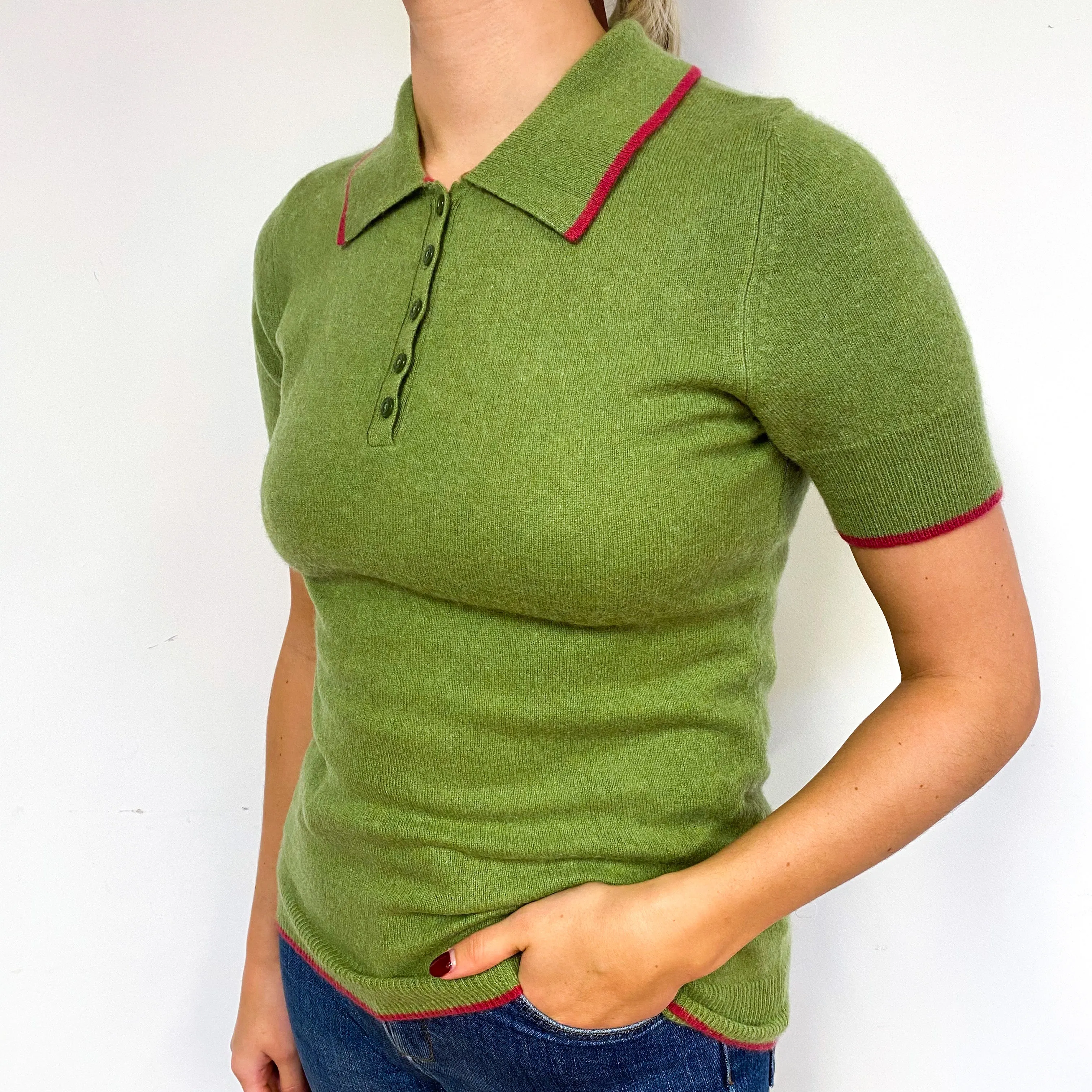 Pear Green Collared Cashmere Short Sleeve Jumper Small