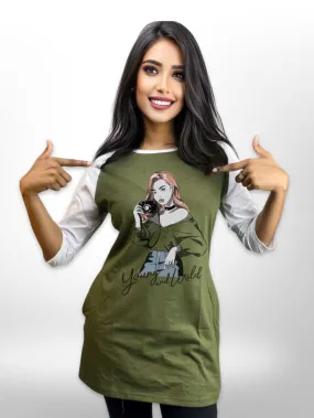 Photoshoot Printed Long T-shirt Raglan Sleeve Side Pocket For Women's