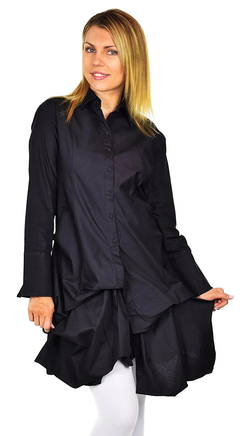 Puckered Look Button Down Uneven Swing Dress Shirt Top Plus Sizes