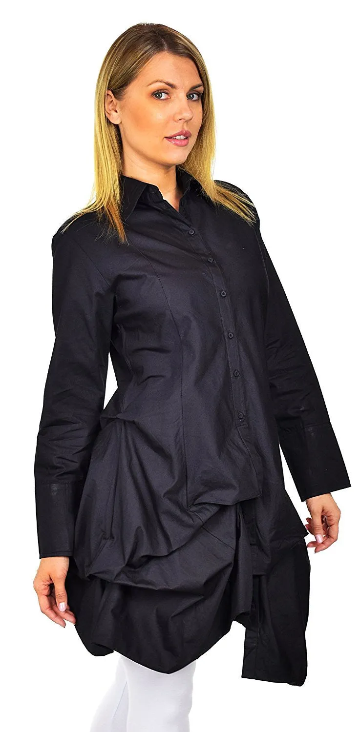 Puckered Look Button Down Uneven Swing Dress Shirt Top Plus Sizes