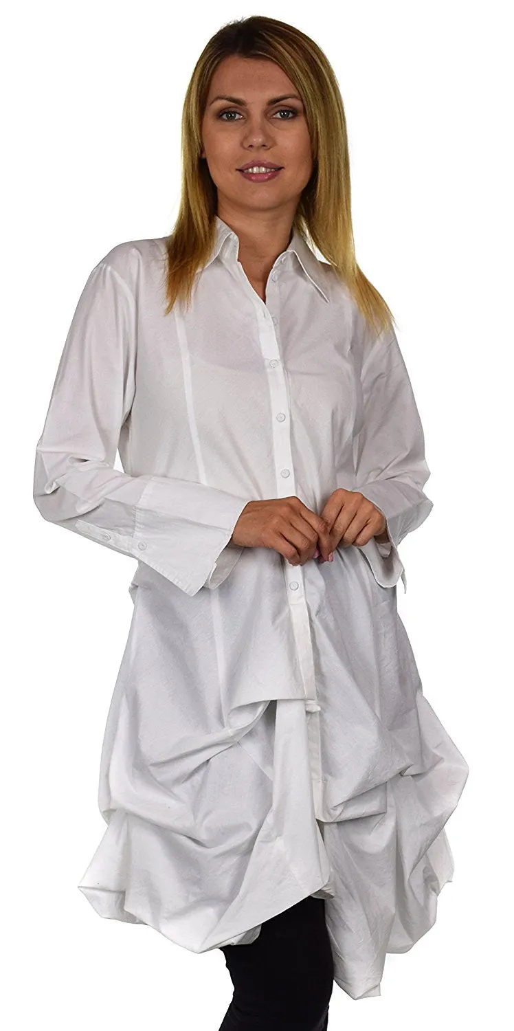 Puckered Look Button Down Uneven Swing Dress Shirt Top Plus Sizes