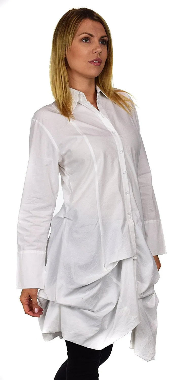 Puckered Look Button Down Uneven Swing Dress Shirt Top Plus Sizes