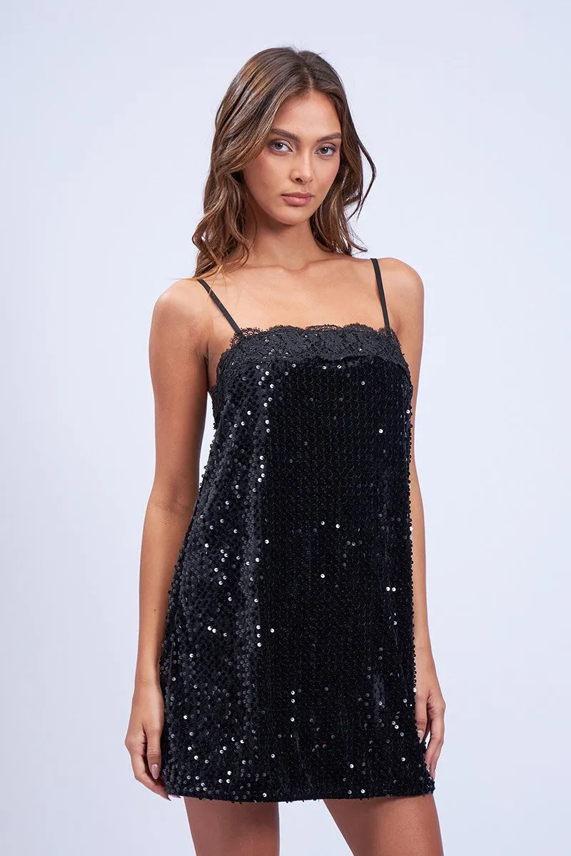 "Holiday Shimmer" Black Velvet Sequin Flare Mini Dress w/ Lace Detail