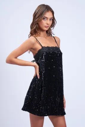 "Holiday Shimmer" Black Velvet Sequin Flare Mini Dress w/ Lace Detail