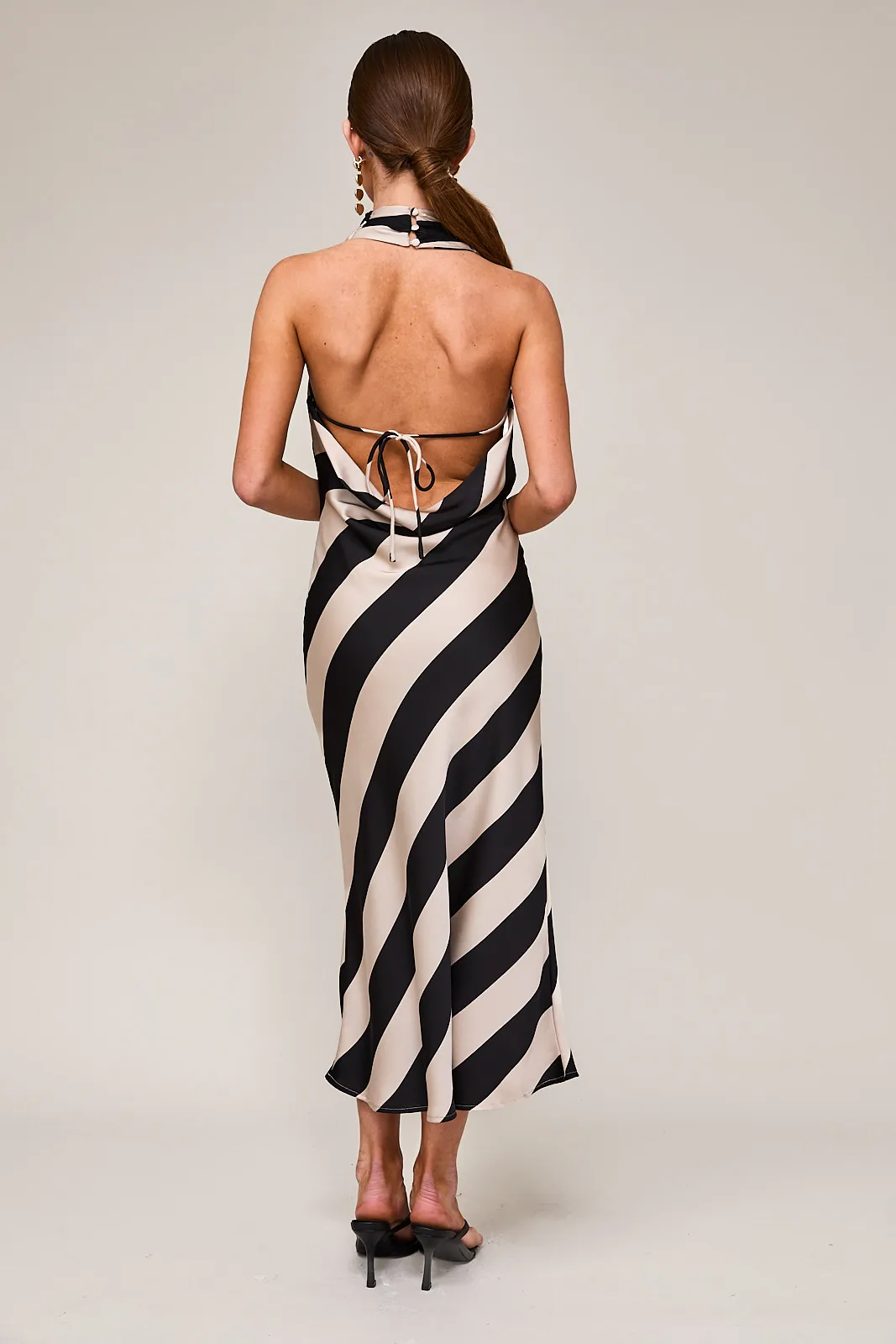 "November Wedding" Satin Black & Taupe Striped Cowl Neck Halter Midi Dress