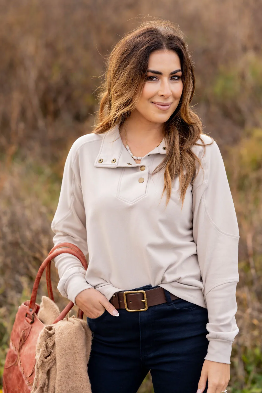 Rib Accented Button Pullover