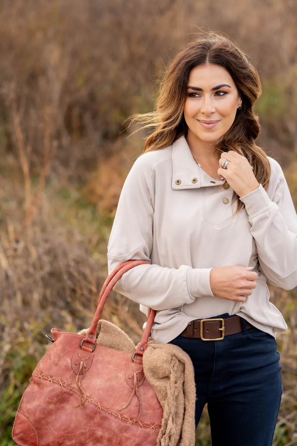 Rib Accented Button Pullover