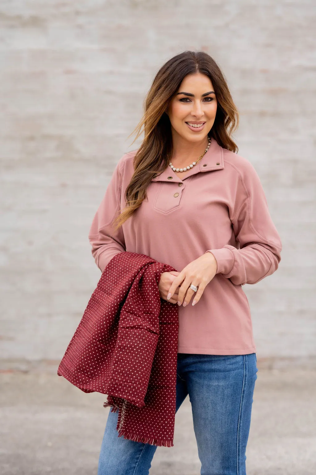 Rib Accented Button Pullover