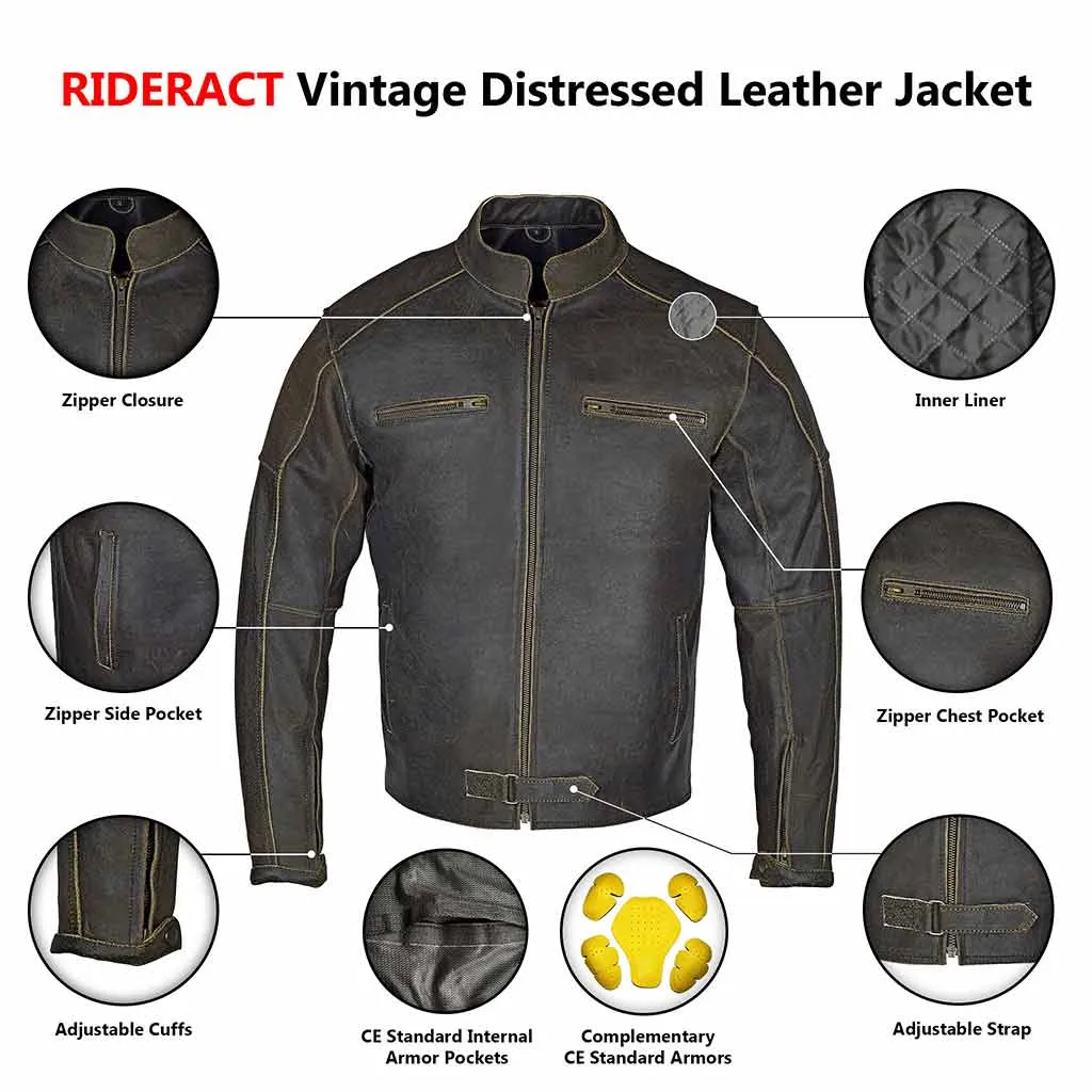 RIDERACT® Leather Motorcycle Jacket Vintage Distress